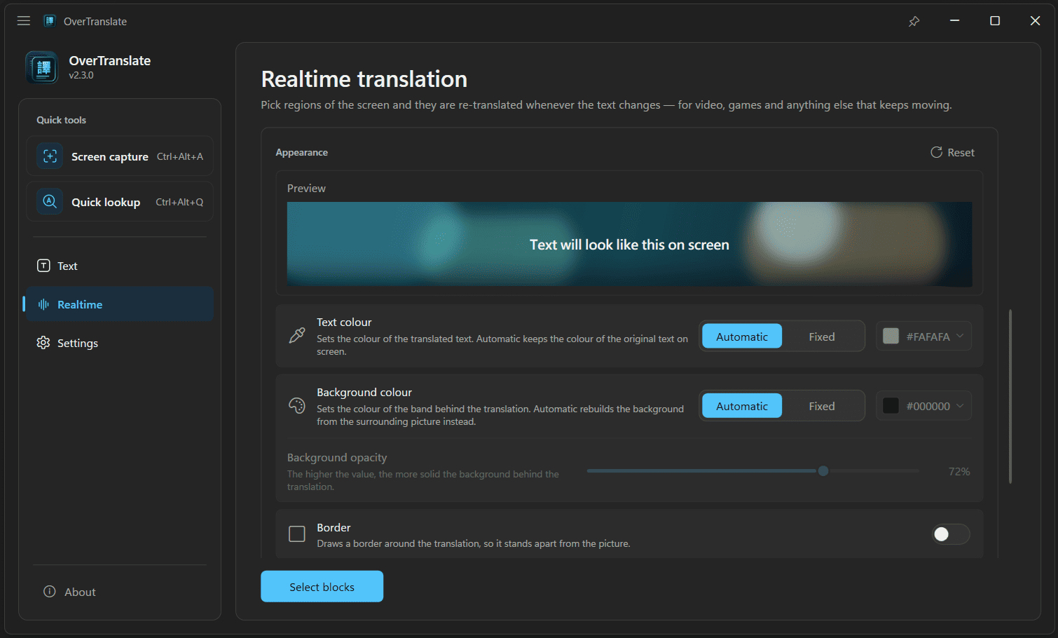 The real-time translation appearance settings in OverTranslate