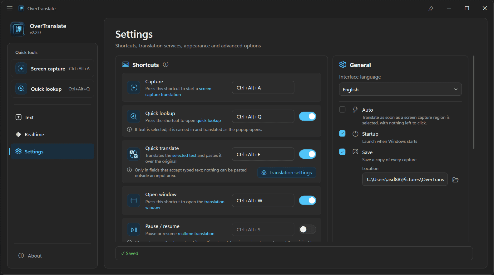 The OverTranslate settings page